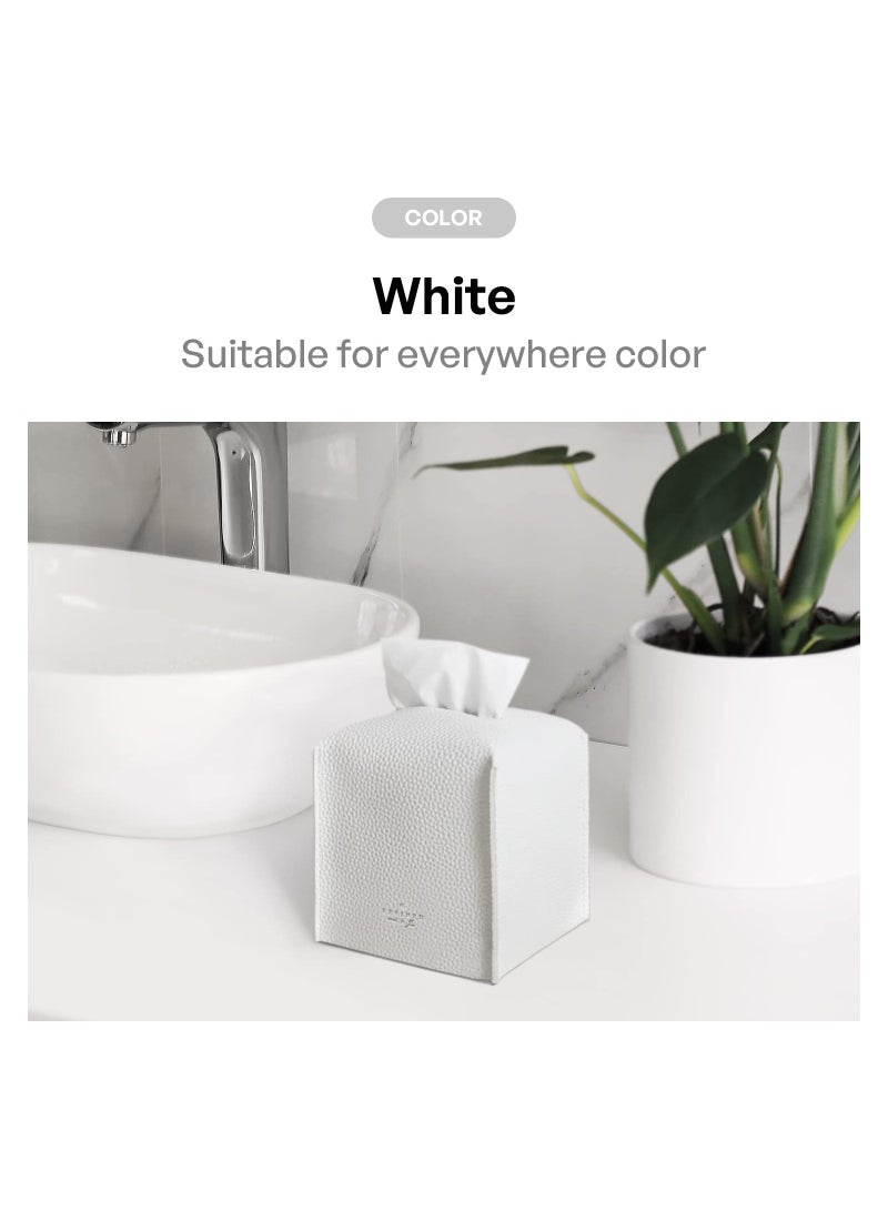 Tissue Box Cover Modern Pu Leather Square Tissue Box Holder Decorative Holder For Organizer For Bathroom Vanity Countertop Night Stands Office Desk Car - White - Image 4